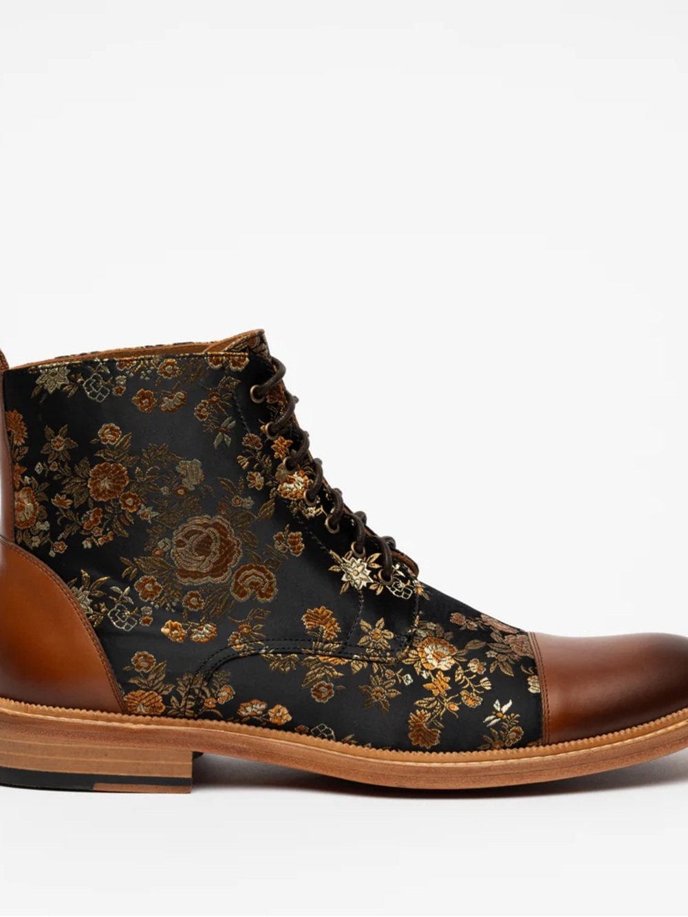 Taft Black Floral Brocade Chukka Boots with Brown Leather Accents